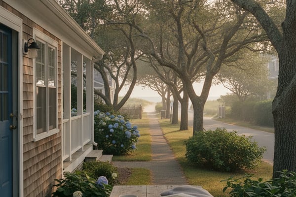 Cottage porch with blue hydrangeas overlooking tree-lined driveway and water view