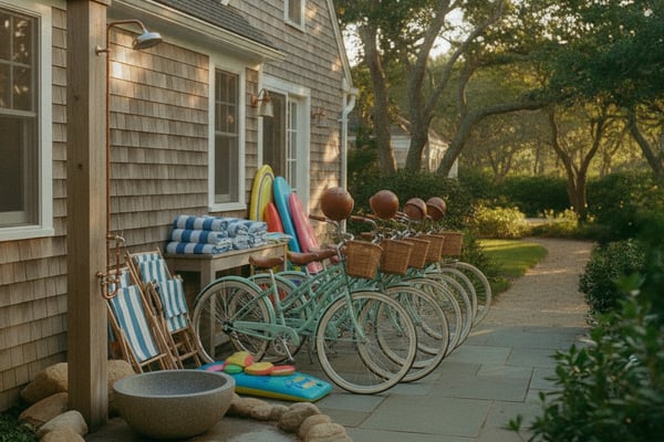 Cottage exterior with row of turquoise bicycles, beach toys, and striped beach chairs along paved pathway lined with mature trees.