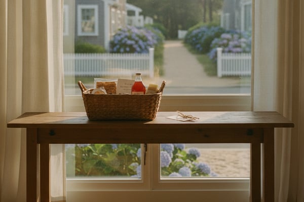 Wooden table with wicker basket near window overlooking residential street with white picket fences and blue hydrangeas