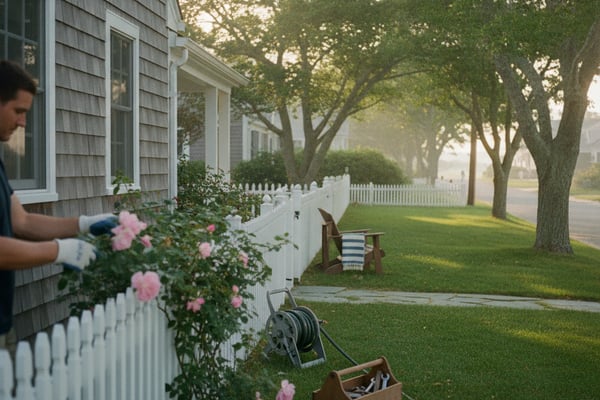 Person tending pink roses along white picket fence of gray shingled house with tree-lined lawn and street beyond